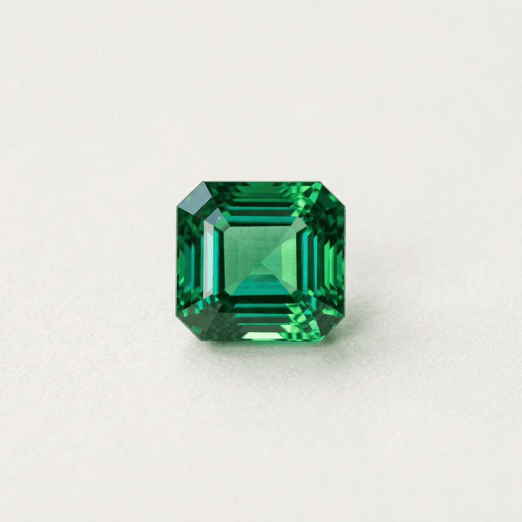 Illustrative emerald-cut vivid green tourmaline