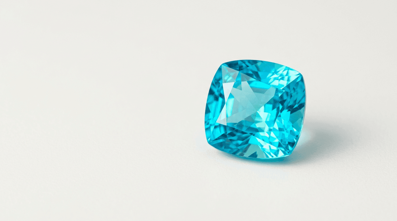 Faceted cushion-cut turquoise-blue tourmaline resting on a white surface